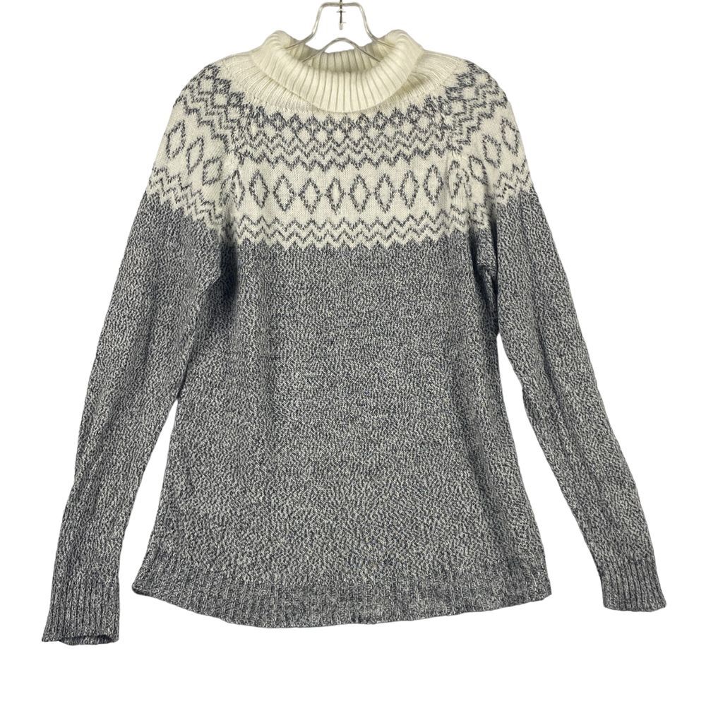 Harmony Sweater Women L Fair Isle Alpaca Wool Blend Cowl Neck Wool‎ Gray White